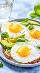Avocado toast topped with sunny-side-up eggs, sprinkled with fresh herbs and pepper, offering a healthy breakfast option.