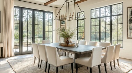 Fototapeta premium Modern Dining Room with Large Windows and Chandelier