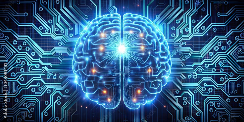 Poster glowing circuitry fusion in technologically symmetrical brain