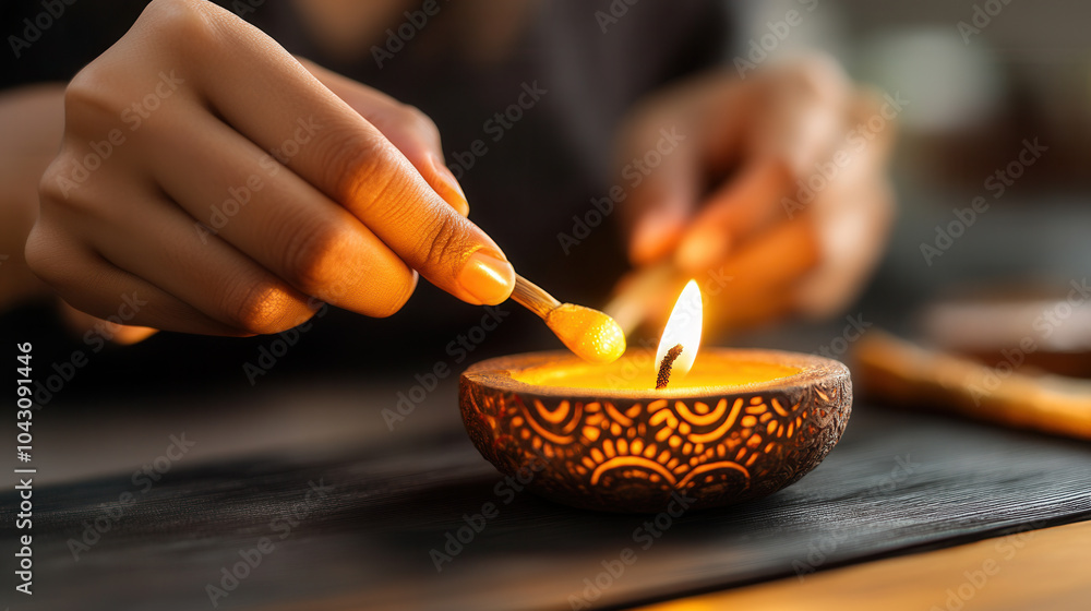Poster lighting diya with intricate designs, this captures delicate moment of creating warm ambiance. soft 