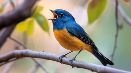 A vibrant bird perched on a branch, singing in a natural setting.