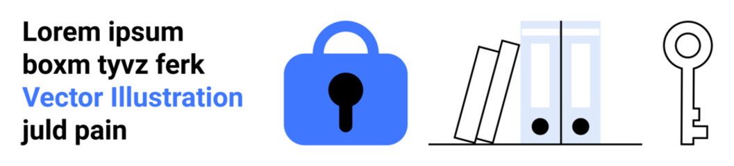 Blue lock, two books and a key on a white background and text. Ideal for data security, document management, privacy protection, safe storage and office organization. Banner for landing page
