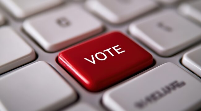 A close-up view of a red vote button on a computer keyboard, symbolizing democratic participation and the importance of voting in elections