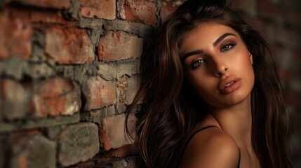 Fototapeta premium Portrait by brick wall. A woman posing in front of a rustic brick wall, with soft lighting and natural makeup. A calm and stylish portrait.