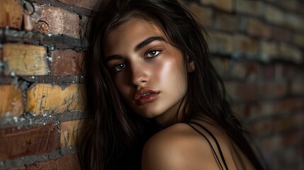 Fototapeta premium Portrait by brick wall. A woman posing in front of a rustic brick wall, with soft lighting and natural makeup. A calm and stylish portrait.