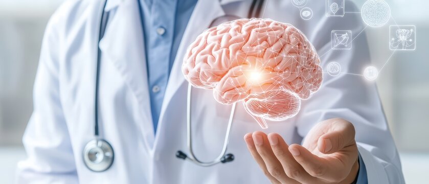 A doctor presenting a glowing brain hologram as a symbol of medical science and innovation.