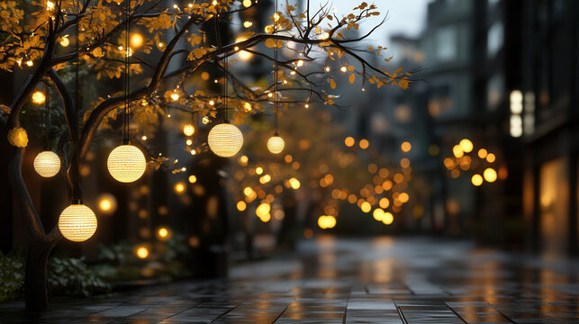 serene street adorned with glowing lanterns and fairy lights creates magical atmosphere, inviting warmth and tranquility. soft illumination reflects beautifully on wet pavement