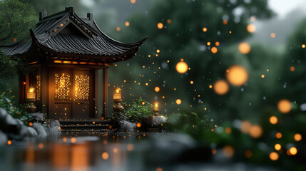 Fototapeta premium serene temple entrance illuminated by glowing lamps, surrounded by lush greenery and tranquil water feature, creates peaceful atmosphere. soft light reflects beautifully, enhancing enchanting scene