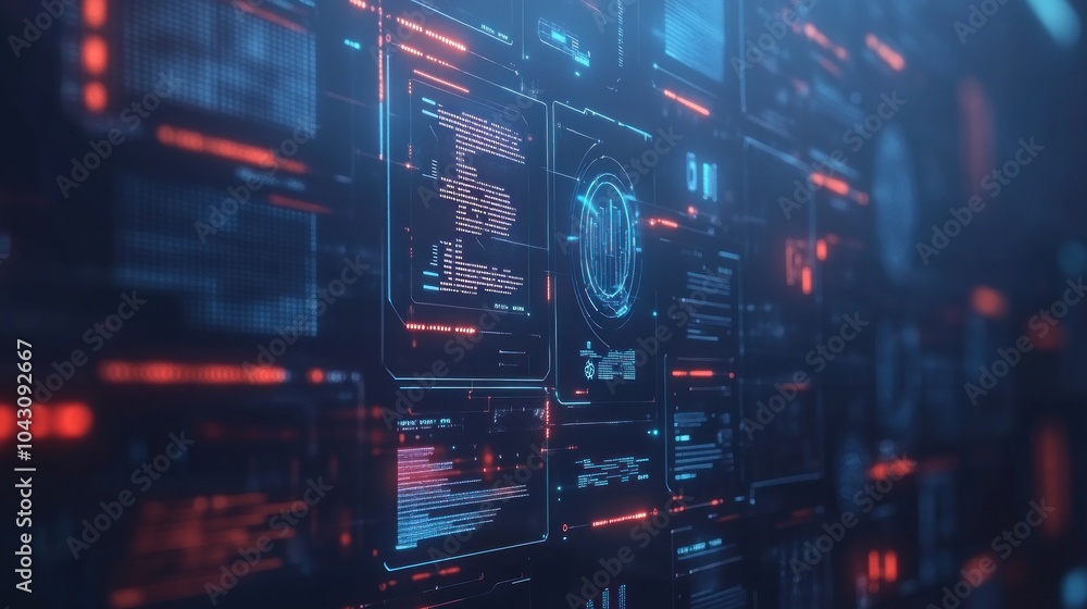 Poster futuristic digital interface with glowing elements and data displays.