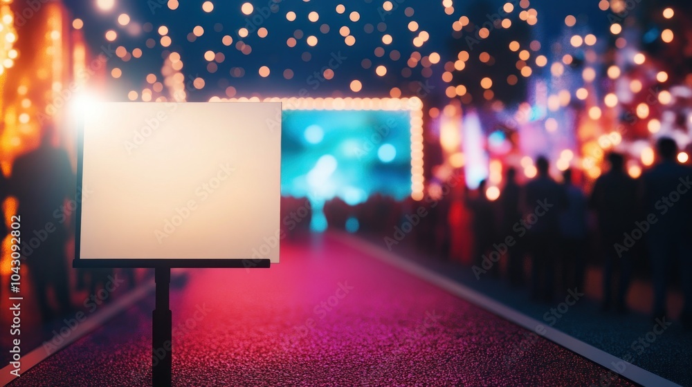 Poster a vibrant event scene with a blank sign in the foreground and colorful lights in the background.