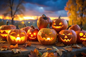 Fototapeta premium Glowing Jack O Lanterns illuminated against dusk sky with space for text