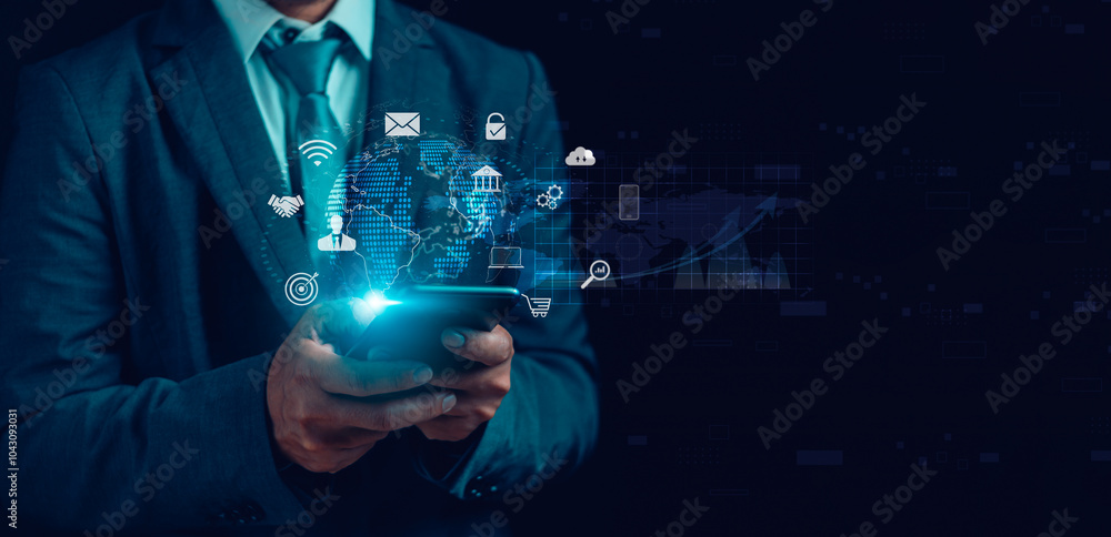 Poster data link technology and global internet connection concept.businessman show global digital connect 
