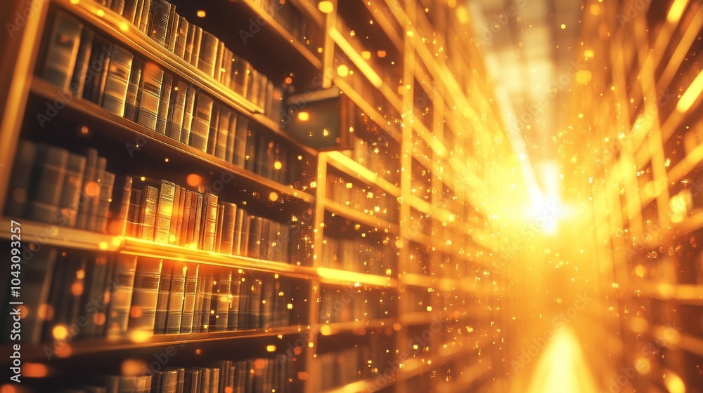 Poster a sunlit library filled with books, creating a warm and inviting atmosphere.