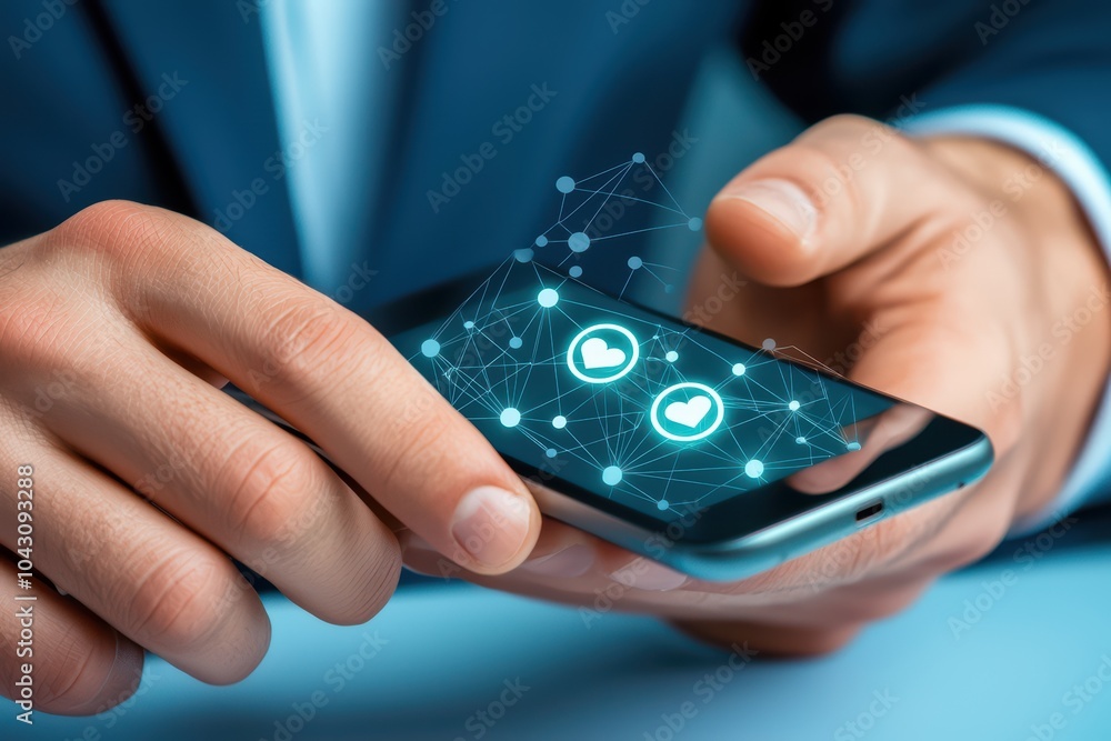 Poster a person using a smartphone displaying digital connection symbols, symbolizing technology and commun