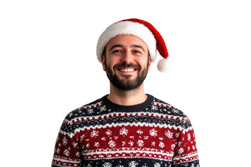 Joyful man wearing Christmas sweater and Santa hat isolated on a transparent background