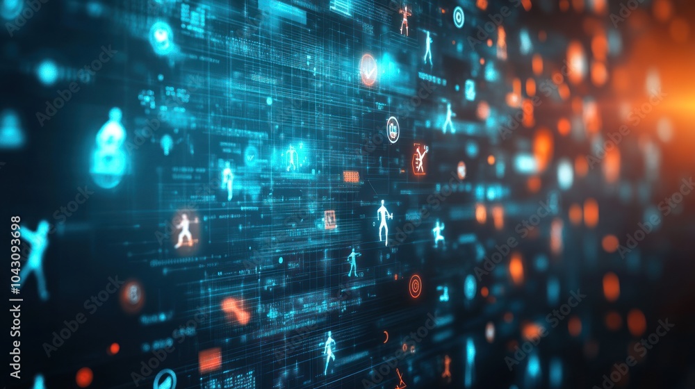 Poster abstract digital graphic with icons and data streams representing technology and activity.