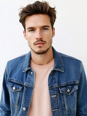 Obraz premium Model man in a trendy denim jacket with a casual t-shirt on a white background.