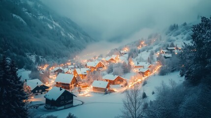 Fototapeta premium A small village nestled in the mountains, blanketed in snow, with glowing Christmas lights strung across cottages.