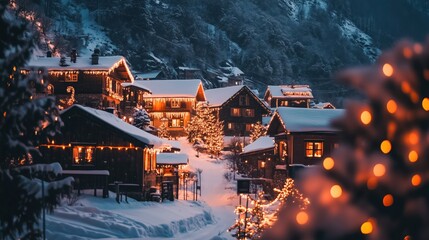 Obraz premium A small village nestled in the mountains, blanketed in snow, with glowing Christmas lights strung across cottages.