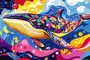 Obraz premium A colorful Pop art style whale swimming through an ocean of abstract patterns and bright hues