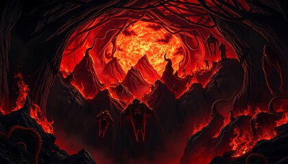 illustration of sinful curse hell gate with smoke and flame