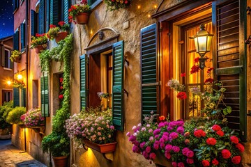 Captivating Night Photography of Italian Windows Illuminated by Warm Glow, Showcasing Architectural Beauty and Romantic Atmosphere in Historic Streets