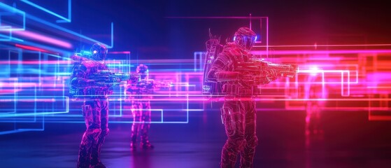 Obraz premium Futuristic soldiers with neon lights in cyberpunk style, dynamic background.