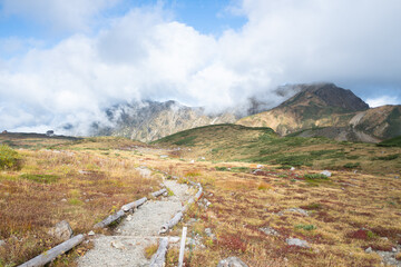 Murodo, Tateyama Kurobe Alpine Route, Japan, A serene mountain landscape with a winding path, rolling hills, and clouds