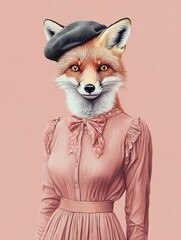 Female fox in a long-sleeved blouse with a beret on a blush pink background.