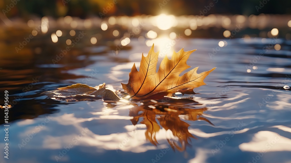 Poster a single leaf floating on a calm water surface.