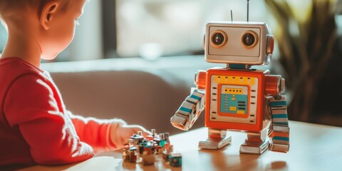 Child engaged in learning with robot components at a table in a bright minimalist environment