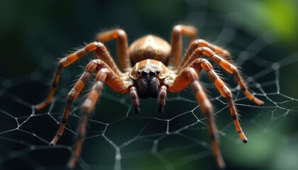 Fototapeta premium Close-Up of a Giant Creepy Crawling Spider Slowly Traversing an Old Web in the Dark
