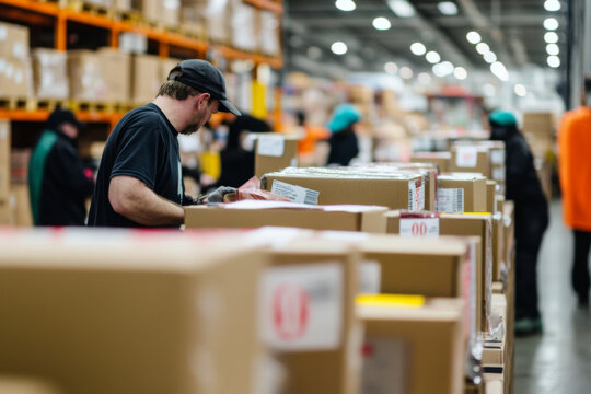 A bustling warehouse receiving area filled with workers sorting through a multitude of boxes, ensuring efficient inventory management during a busy shift.