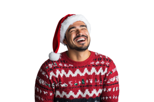 Laughing Hispanic man wearing Christmas sweater and Santa hat isolated on a transparent background