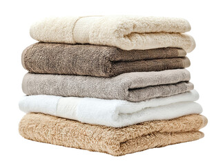 Stack of neatly folded towels in beige and brown shades, isolated on transparent cutout background