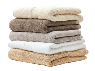 Stack of neatly folded towels in beige and brown shades, isolated on transparent cutout background