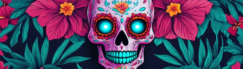 Obraz premium Neon sugar skull with glowing eyes, radiant purple and teal, detailed floral design.