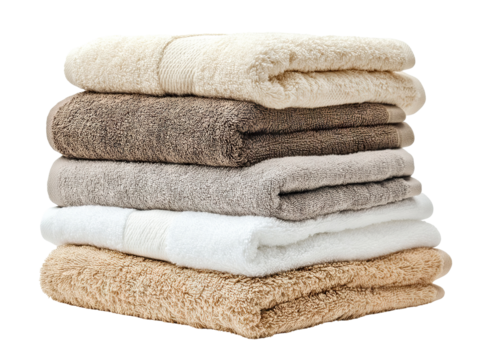 Stack of neatly folded towels in beige and brown shades, isolated on transparent cutout background