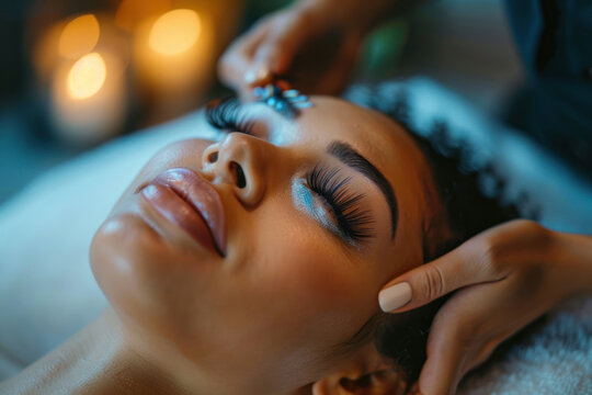 young woman lying on couch with closed eyes, eyelash extension specialist, eyebrow extension specialist, cosmetologist