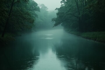 Obraz premium A quiet, fog shrouded river winding through a dense forest, reflecting trees in the still water