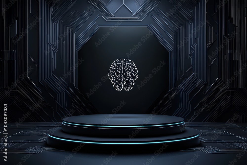 Poster futuristic stage with a digital brain display on a sleek, high-tech background.