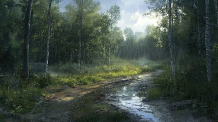 Obraz premium A serene forest scene with a muddy path and gentle sunlight filtering through trees.