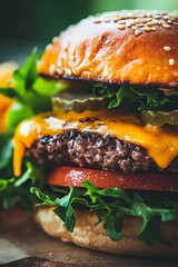 A closeup of a juicy burger with cheese