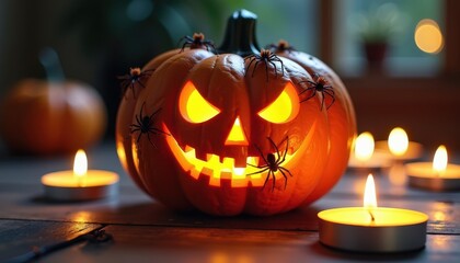 Fototapeta premium Spiders Crawling Over a Haunted Jack-O’-Lantern Surrounded by Flickering Candlelight
