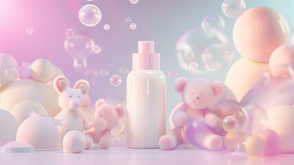 Playful and delicate baby skincare product mockup with soft pastels and teddy bear