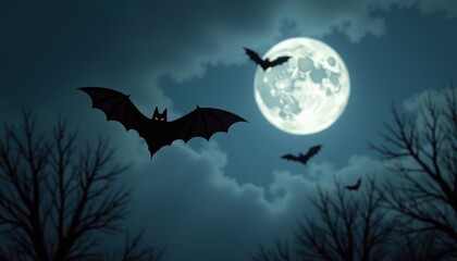 Fototapeta premium Sinister Black Bats Flapping Over a Moonlit Halloween Scene in a Dark and Foreboding Sky
