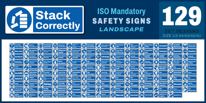 129 set ISO mandatory safety signs v40_stack correctly_landscape size 1/2 a4,a3,a2,a1	
