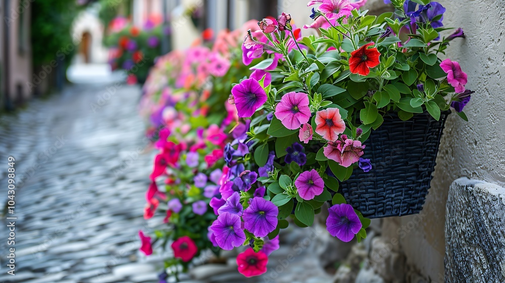 Wall mural colorful petunias in hanging basket on a street in the city