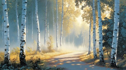 A serene forest path illuminated by soft sunlight, surrounded by birch trees and mist.