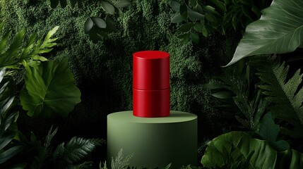 scarlet lip color showcase, verdant foliage platform, forest-inspired product presentation, sustainable cosmetics imagery, contrasting red and green palette